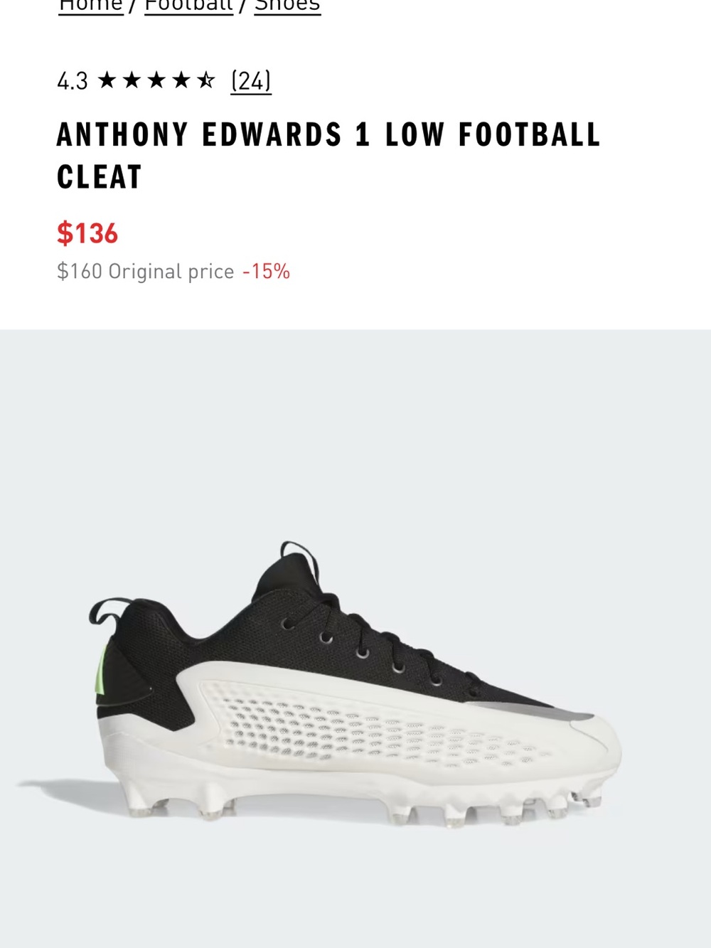 adidas Anthony Edwards 1 Low Football Cleat - Black/White/Green Accent